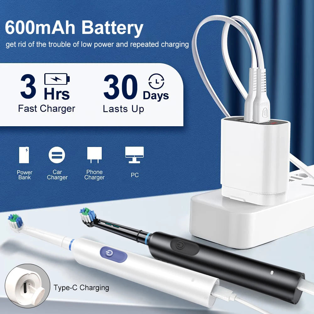 Sonic Electric Toothbrush | 5 Cleaning Modes, 30-Day Battery & 4/8 Replacement Heads