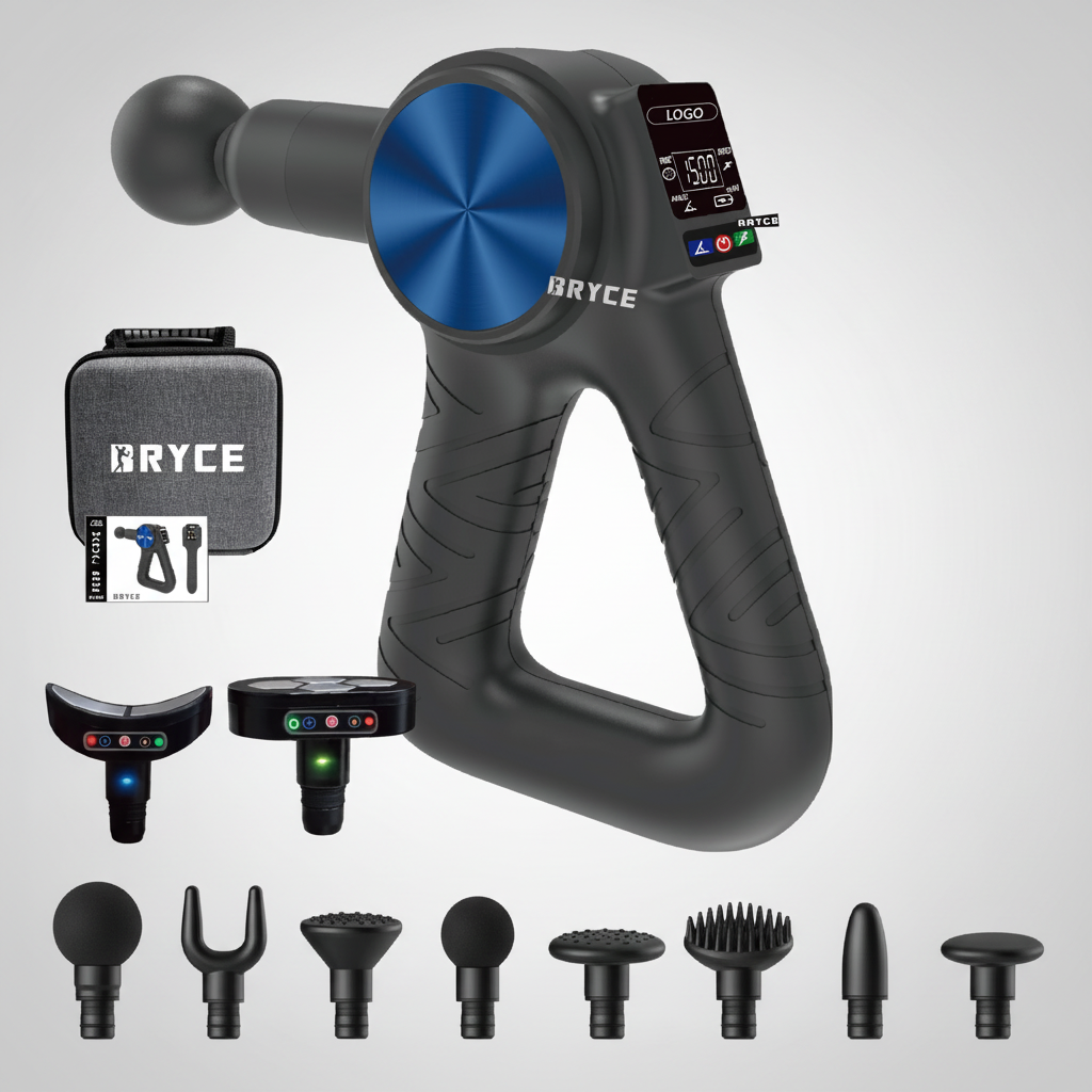 Close-up detail shot of the massage gun on a gray gradient background
