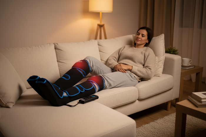 Lifestyle shot of someone using the leg massager at home